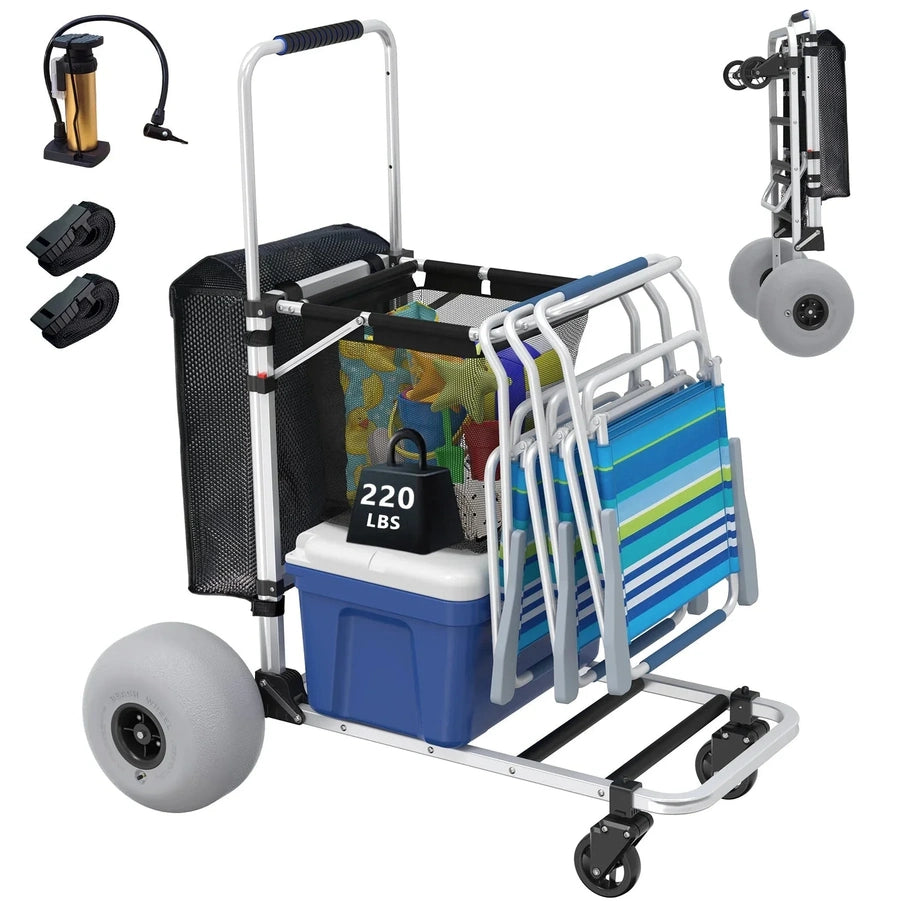 Foldable Beach Cart With Adjustable Handle And 12 In. Balloon Wheels, Heavy Duty Aluminum 220lbs Capacity