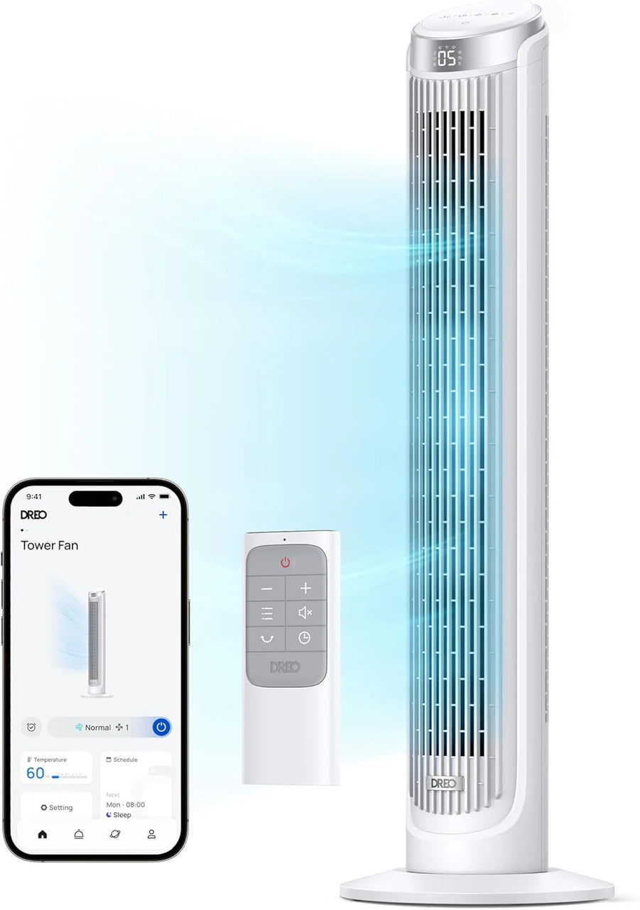 Dreo Smart Tower Fan For Bedroom, Standing Fans For Indoors, 90 Degree Oscillating, 26 Ft./S Velocity Quiet Floor Fan With Remote, 12H Timer