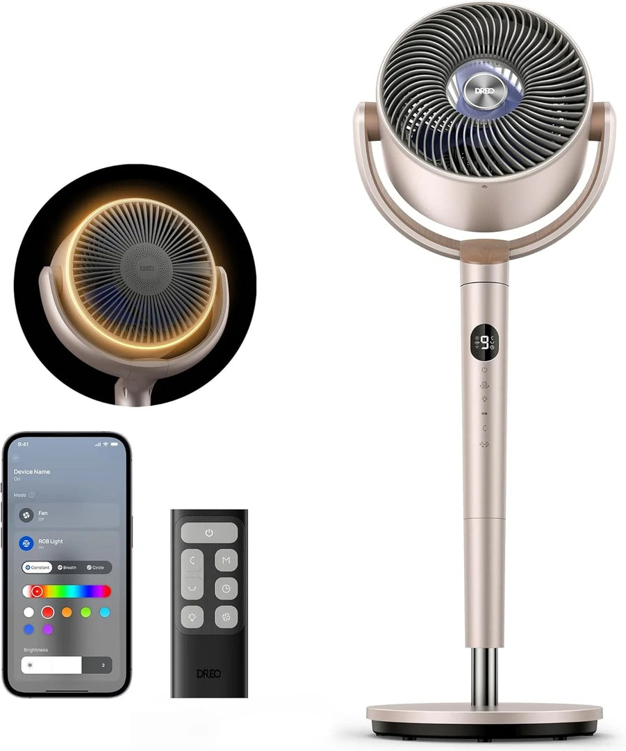 Dreo Smart Fan For Bedroom, 120 Degree Plus 120 Degree Omni-Directional Oscillating Fans, 100 Ft. Quiet Pedestal Fan With Rgb Light, 9 Speeds, 6 Modes, 20dB