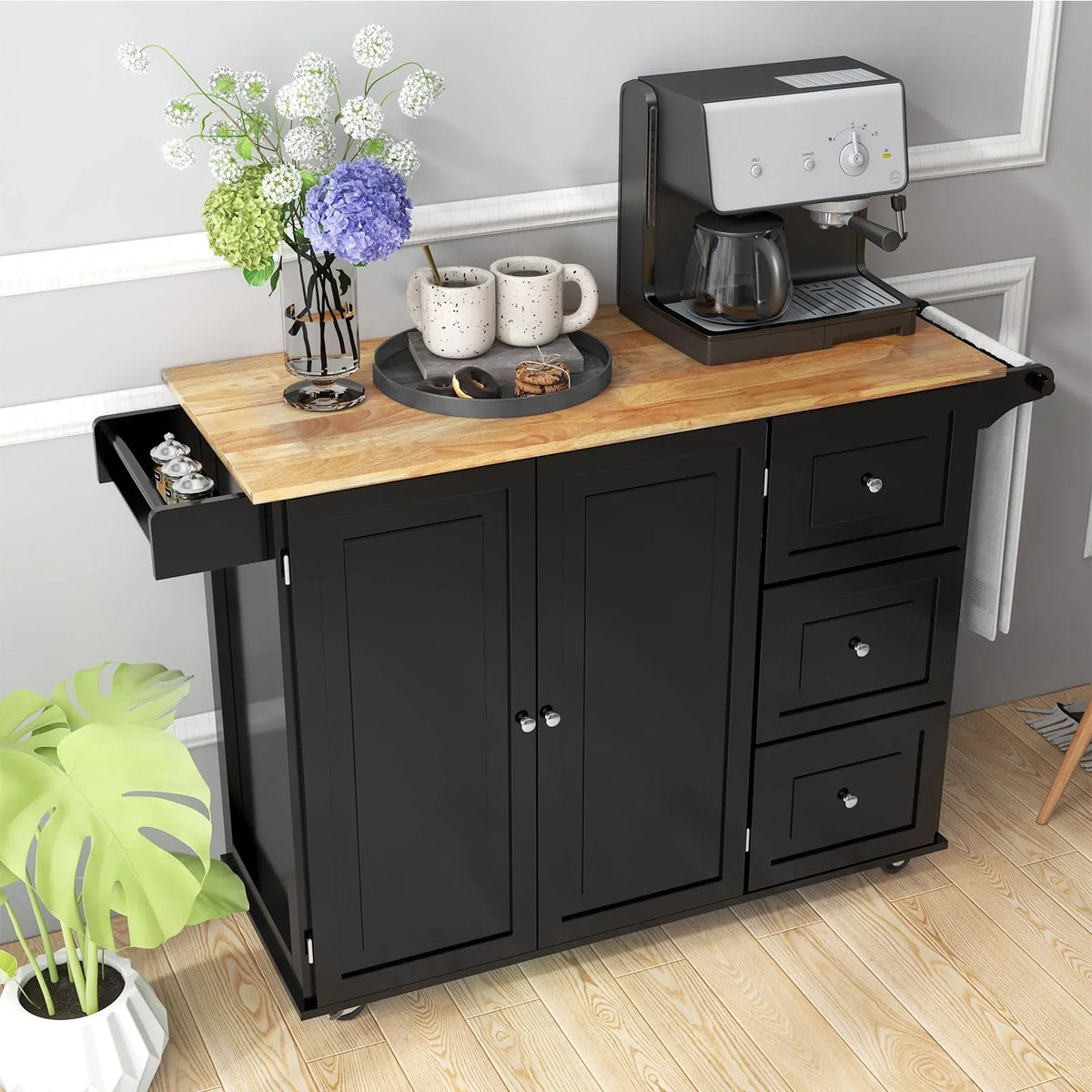 Giantex Kitchen Island Cart, Large Trolley Cart w/ Drop-Leaf Tabletop, Large Cabinet, 3 Drawers, Spice Rack, Towel Rack, Rolling Serving Trolley Cabinet