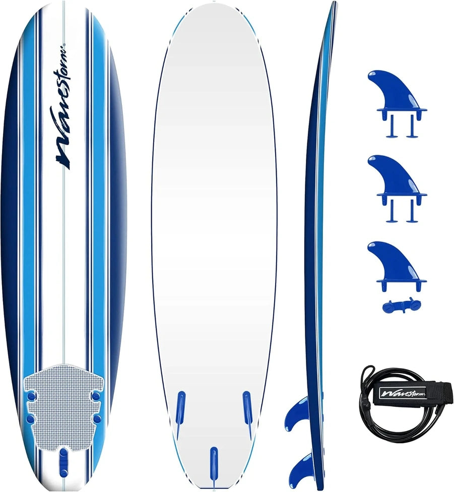 Wavestorm- Classic Soft Top Foam 7 Ft. Surfboard Surfboard For Beginners And All Surfing Levels Complete Set Includes Leash And Multiple Fins