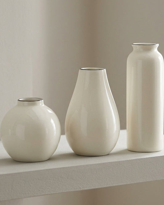 Lhome Porcelain Bud Vases Ivory Charcoal Rim Set of 3 - Lifestyle view