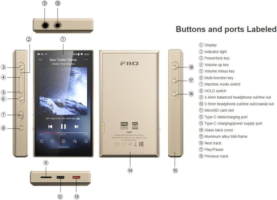 FiiO M21 Android 13 Hi-Res Music Player, Snapdragon 680, Blue-Black