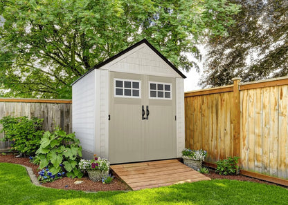 Rubbermaid Resin Outdoor Storage Shed With Floor (7 x 7 Ft) Weather Resistant Gray Organization for Home/Backyard/Garden Tools/Lawn Mower/Bike Storage/Pool Supplies