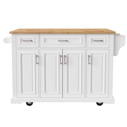 Large Kitchen Island with Wood Drop Leaf, Embossed Texture Rolling Kitchen Cart wDoors and Drawers wStorage for Kitchen, White