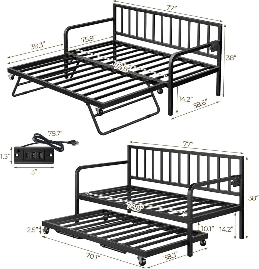 Rolanstar Daybed With Charging Station And LED Lights, Height Adjustable Twin Daybed With Trundle, Metal Sofa Bed Frame With Steel Slat Support