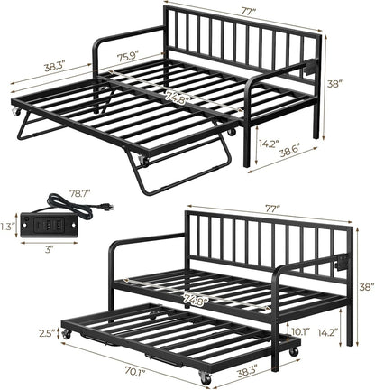 Rolanstar Daybed With Charging Station And LED Lights, Height Adjustable Twin Daybed With Trundle, Metal Sofa Bed Frame With Steel Slat Support