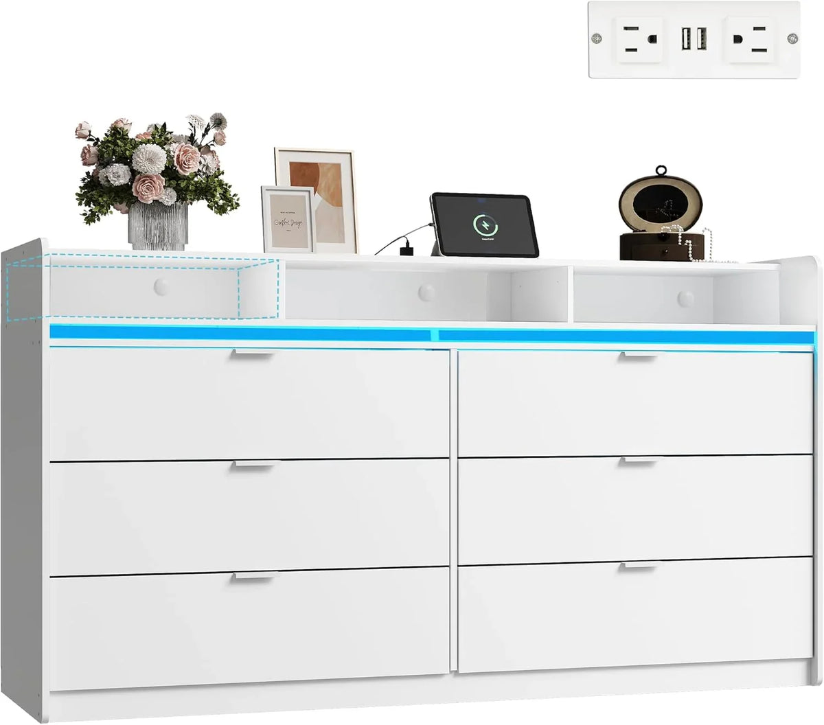 9 Drawer Led Dresser for Bedroom, 58.35'' Wide Wood Dresser Storage Organizer with Power Outlets for 65'' TV, Dressers with Open Shelves