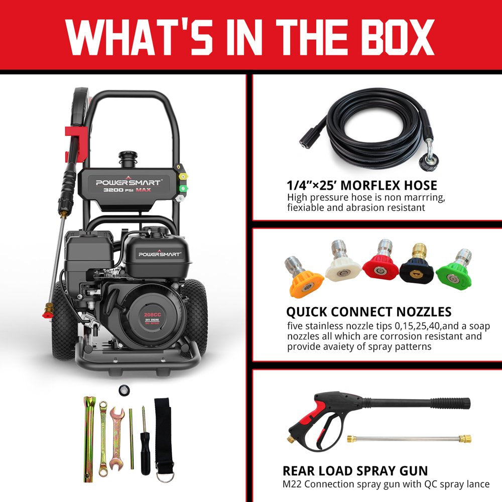 PowerSmart 3200PSI Gas Pressure Washer with 5 Nozzles & Soap Tank