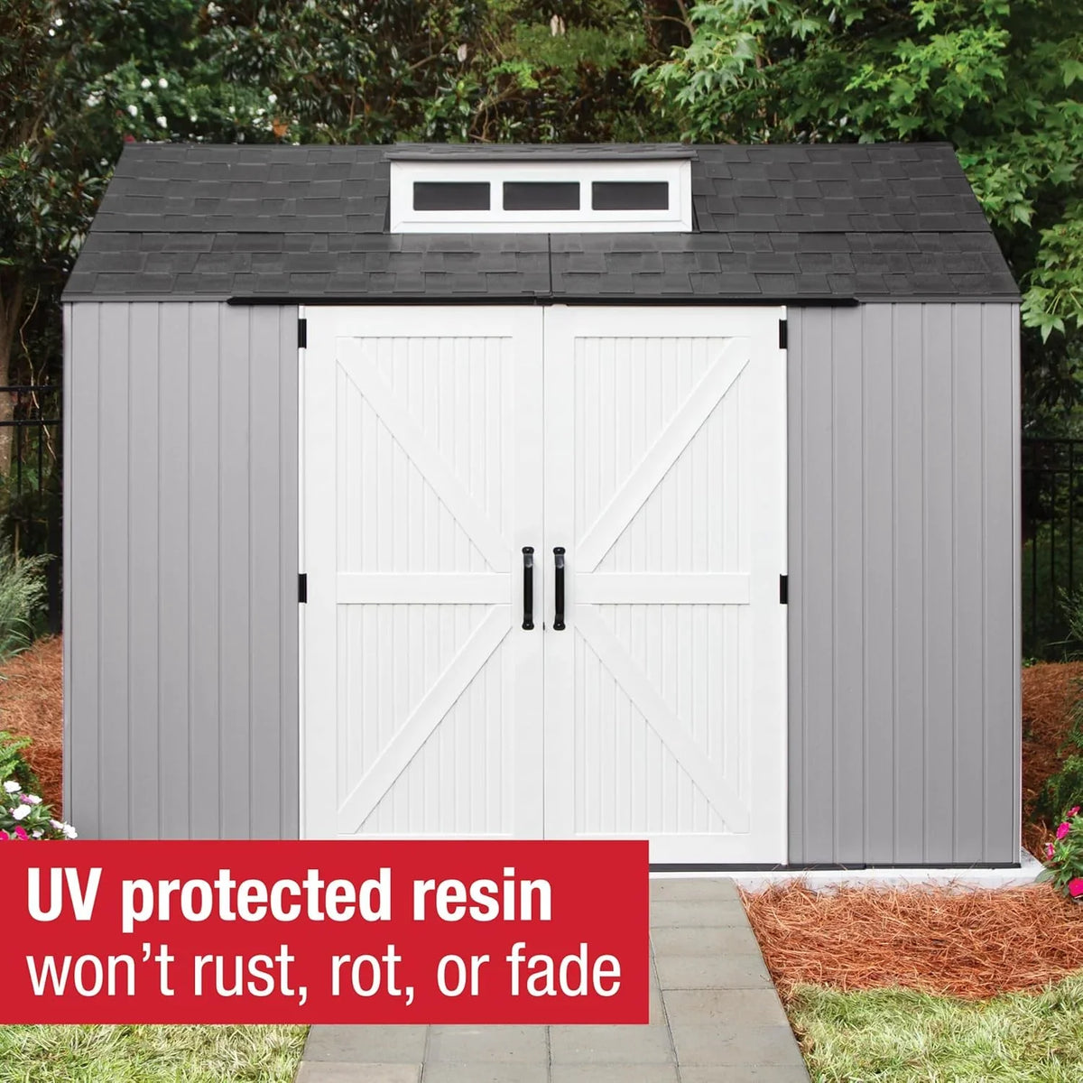 Rubbermaid Resin Outdoor Storage Shed With Floor (7 x 7 Ft) Weather Resistant Gray Organization for Home/Backyard/Garden Tools/Lawn Mower/Bike Storage/Pool Supplies