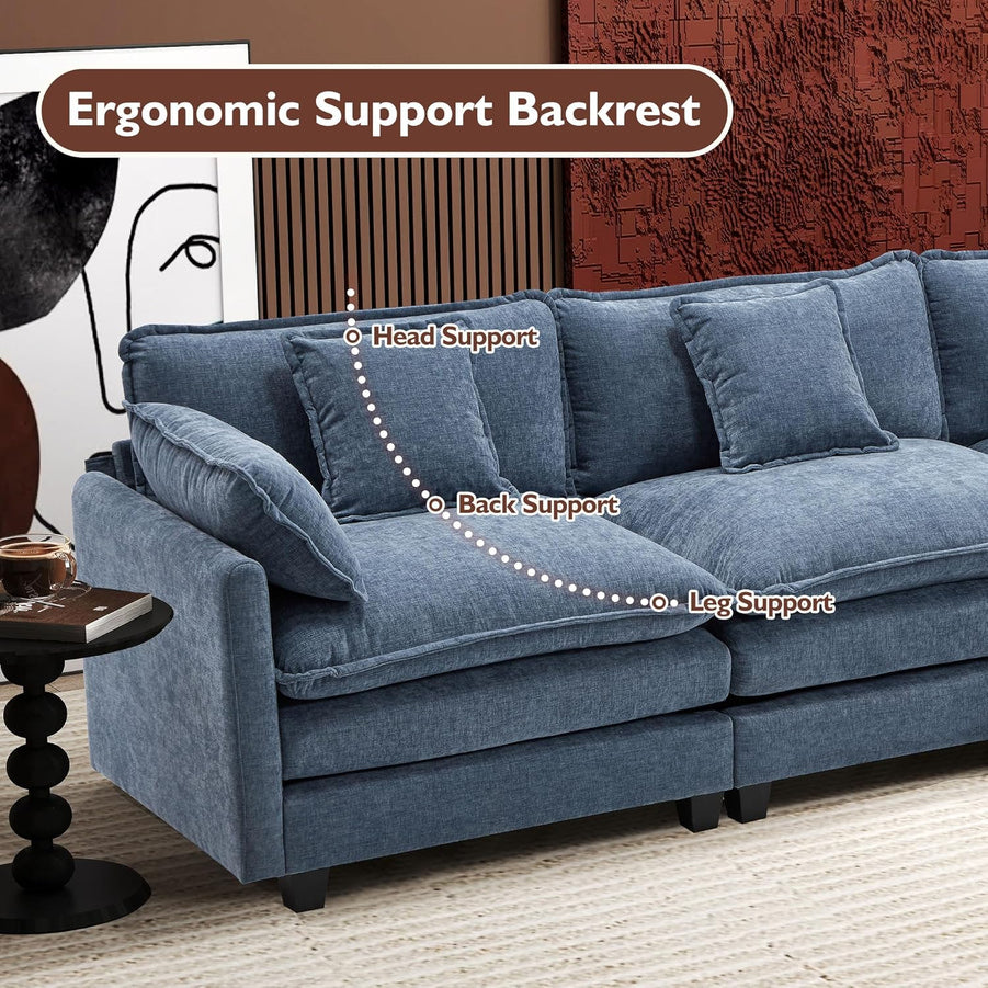 111.4 In. L-Shaped Modern Sofa Modular Cloud Sofa Ottoman 4-Seater Chenille Deep Seat Sofa