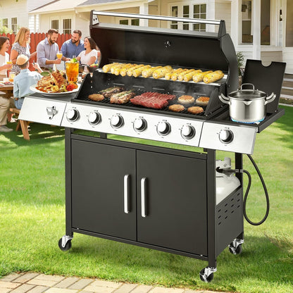 Upgraded 4 Burner BBQ Propane Gas Grill with Cast Iron Grates & Side Stove, 44,000 BTU Stainless Steel Burner Barbecue Grill for Patio, Camping, Outdoor Cooking MELLCOM