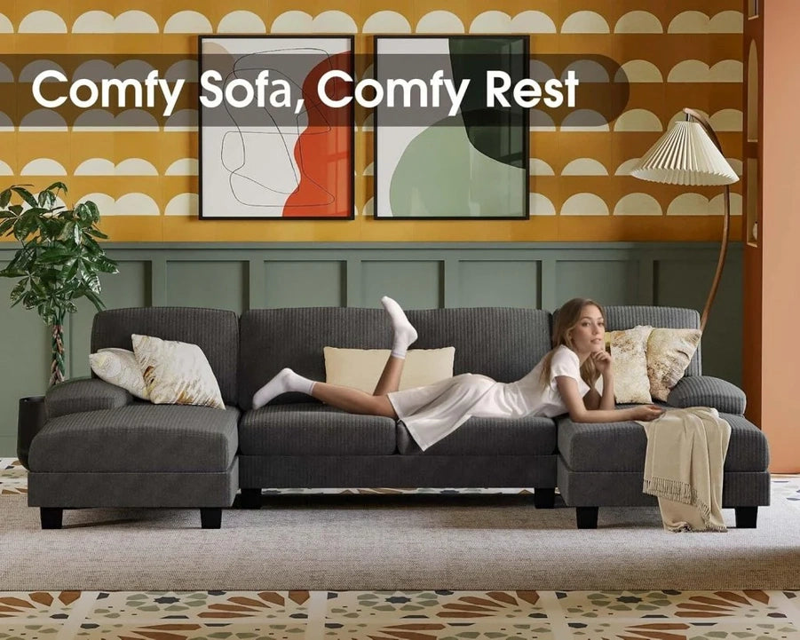 Furmax Sectional Couches For Living Room, U-Shaped Sofa Couch With Linen Fabric, 4 Seat Sofa Set With Double Chaise For Apartment, Fabric, Grey