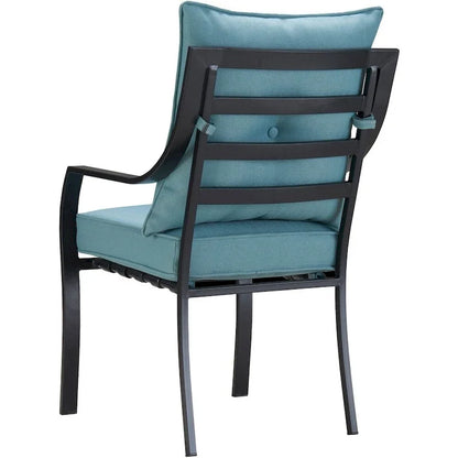 Hanover Lavallette 5-Piece Dining Set in Ocean Blue with 4 Stationary Chairs, 52-In. Round Glass-Top Table, Umbrella, and Base