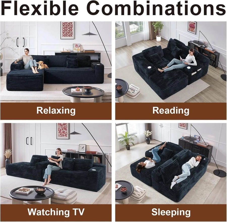 Cloud Sectional Couch With L-Shape Chaise, Modern Modular Sofa With Deep Seat, Built-In Cup Holder And Storage Pocket For Living Room Bedroom