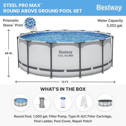 Steel Pro MAX 14 Foot x 48 Inch Round Metal Frame Above Ground Outdoor Swimming Pool Set with 1,000 Filter Pump, Ladder, and Cover, Gray