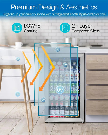 Beverage Refrigerator Cooler 126 Can Mini Fridge Glass Door For Drinks Soda Beer Wine Refrigerator