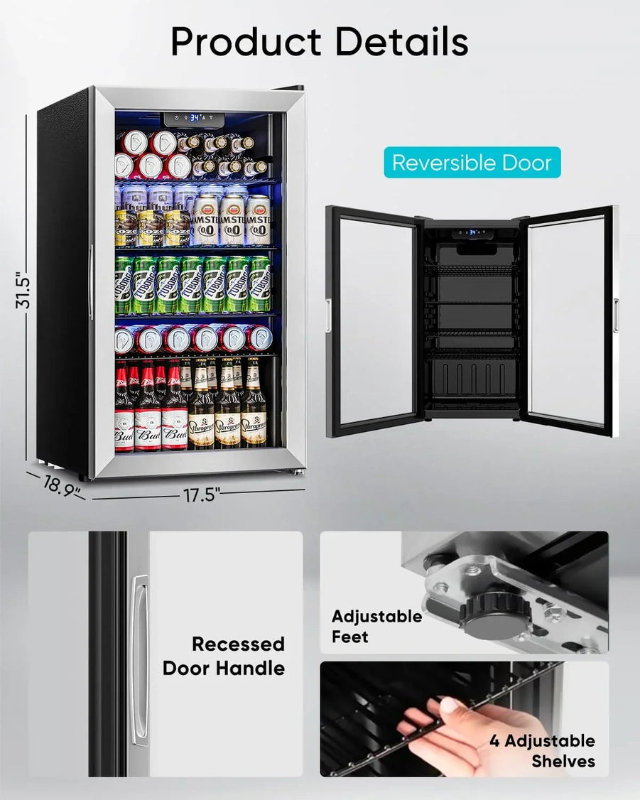 Beverage Refrigerator Cooler 126 Can Mini Fridge Glass Door For Drinks Soda Beer Wine Refrigerator