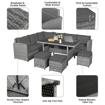 7 Pcs Rattan Patio Dining Furniture Sectional Sofa Set with Dining Table, Ottomans & Cushions