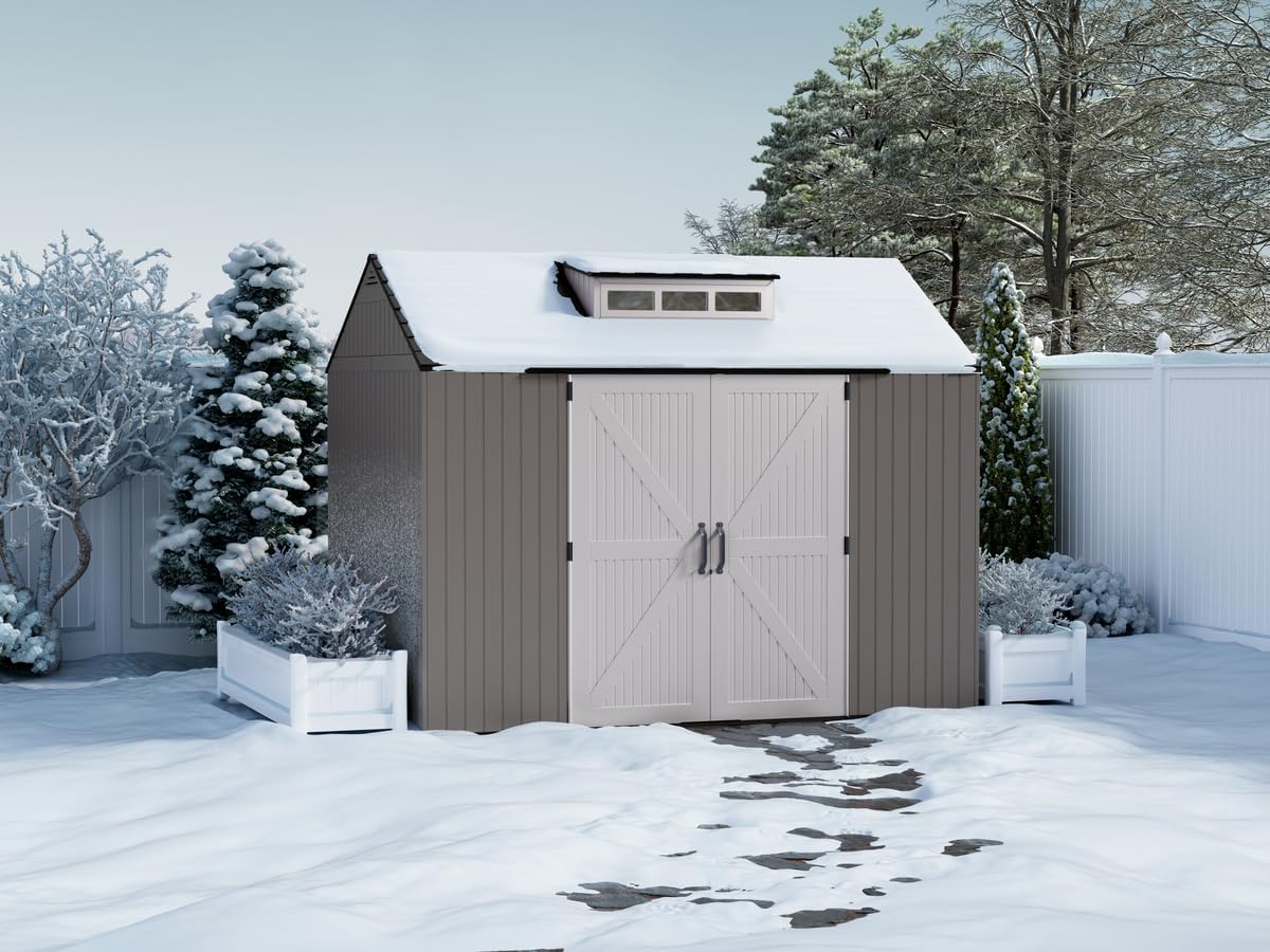 Rubbermaid Resin Outdoor Storage Shed With Floor (7 x 7 Ft) Weather Resistant Gray Organization for Home/Backyard/Garden Tools/Lawn Mower/Bike Storage/Pool Supplies