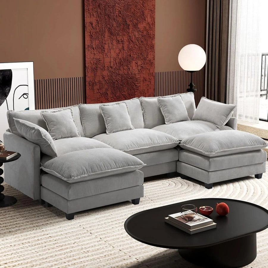 111.4 In. L-Shaped Modern Sofa Modular Cloud Sofa Ottoman 4-Seater Chenille Deep Seat Sofa