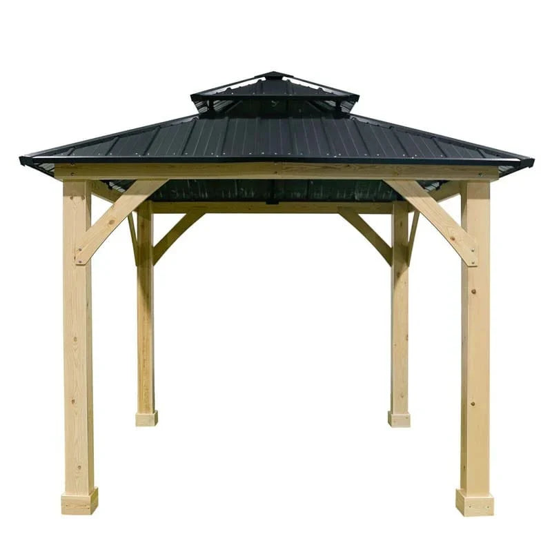 10 x 10 FT Outdoor Patio Hardtop Gazebo with Wood Frame & 2-Tier Metal Roof, All-Weather Gazebo Pergolas Shelter