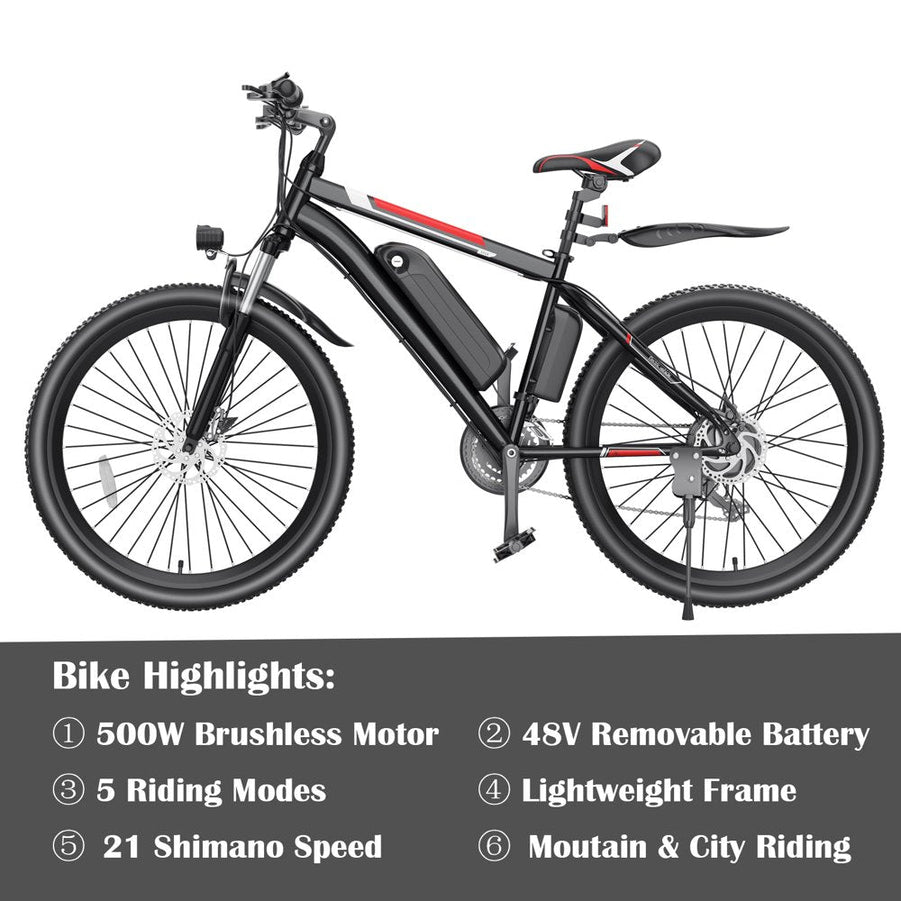 500W Electric Bike 26 In. Electric Bicycle For Adults With Cruise Control System Ebike