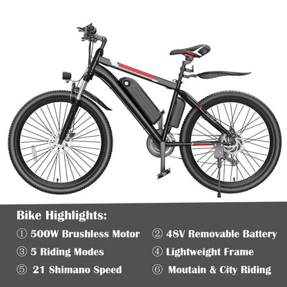 500W Electric Bike 26 In. Electric Bicycle For Adults With Cruise Control System Ebike
