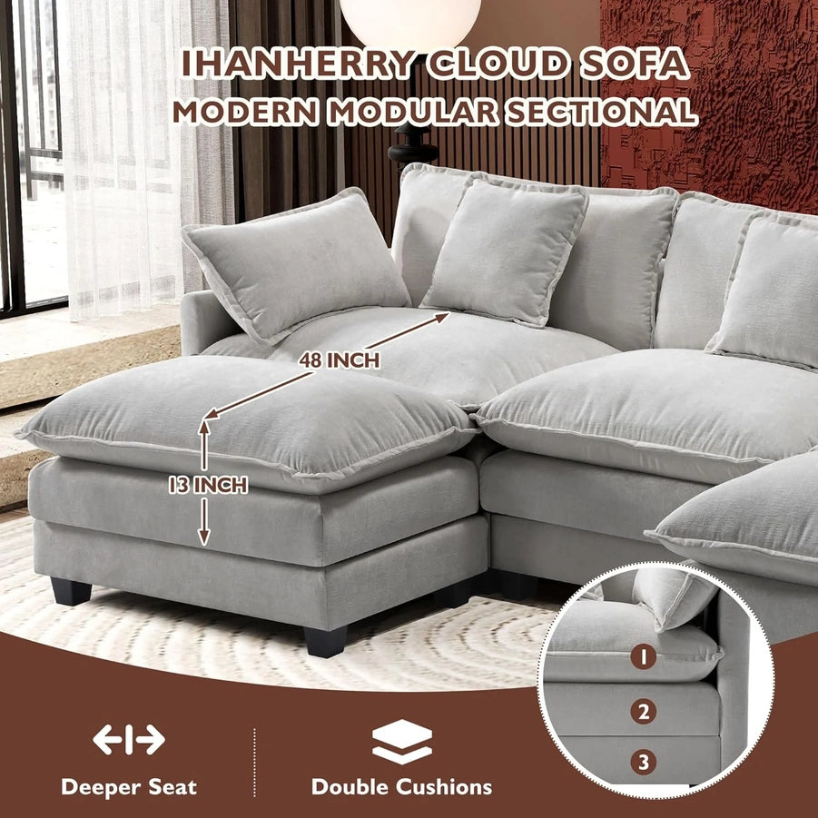 111.4 In. L-Shaped Modern Sofa Modular Cloud Sofa Ottoman 4-Seater Chenille Deep Seat Sofa