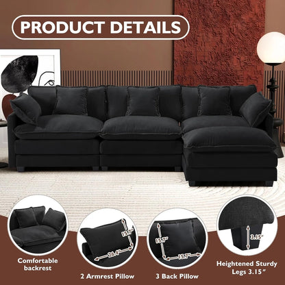 111.4 In. L-Shaped Modern Sofa Modular Cloud Sofa Ottoman 4-Seater Chenille Deep Seat Sofa