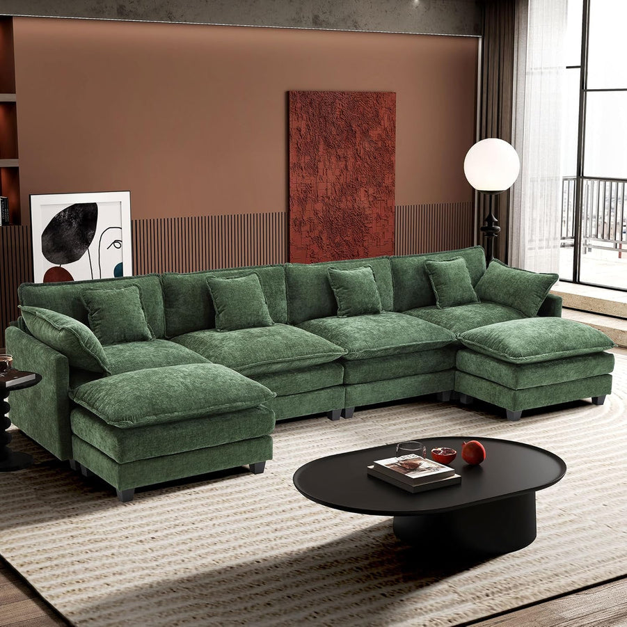 111.4 In. L-Shaped Modern Sofa Modular Cloud Sofa Ottoman 4-Seater Chenille Deep Seat Sofa