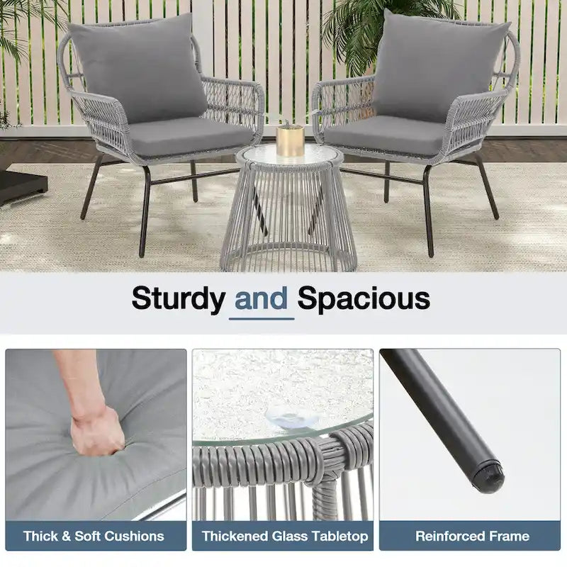 3-Piece Patio Conversation Bistro Set, Outdoor Rattan Furniture Set with Glass Table & 2 Wide Armchairs, Seat Cushions