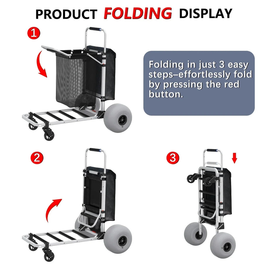 Foldable Beach Cart With Adjustable Handle And 12 In. Balloon Wheels, Heavy Duty Aluminum 220lbs Capacity