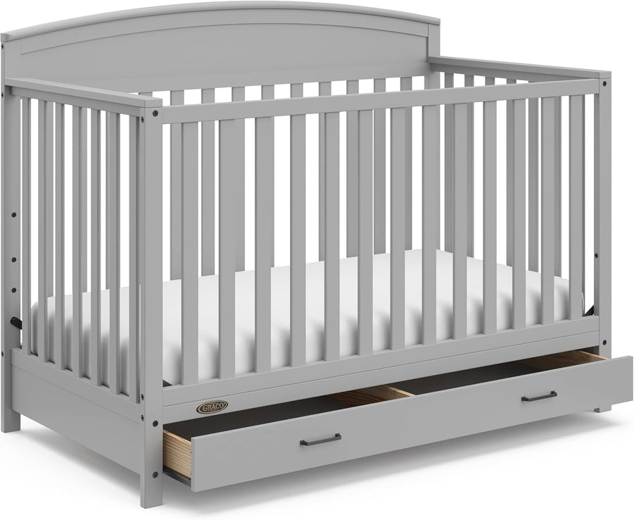 5-in-1 Convertible Baby Bed, With Drawers, White- Green Guardian Gold Certification, Built-In Baby Bed Storage Drawer, Convertible To Toddler Bed