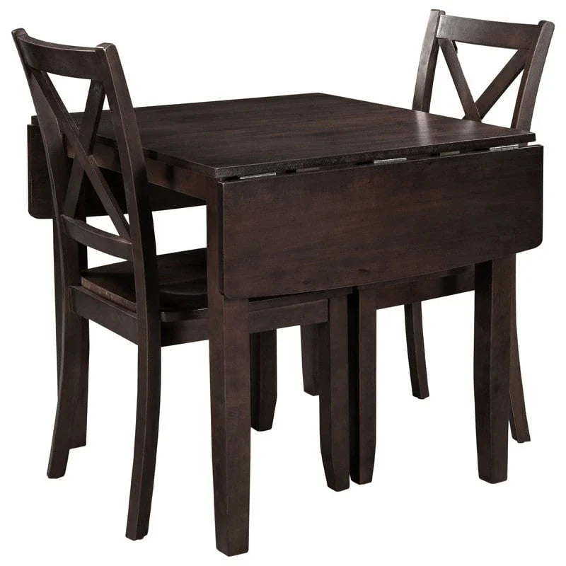 3-Piece Wood Drop Leaf Breakfast Nook Dining Table Set with 2 X-back Chairs for Small Places