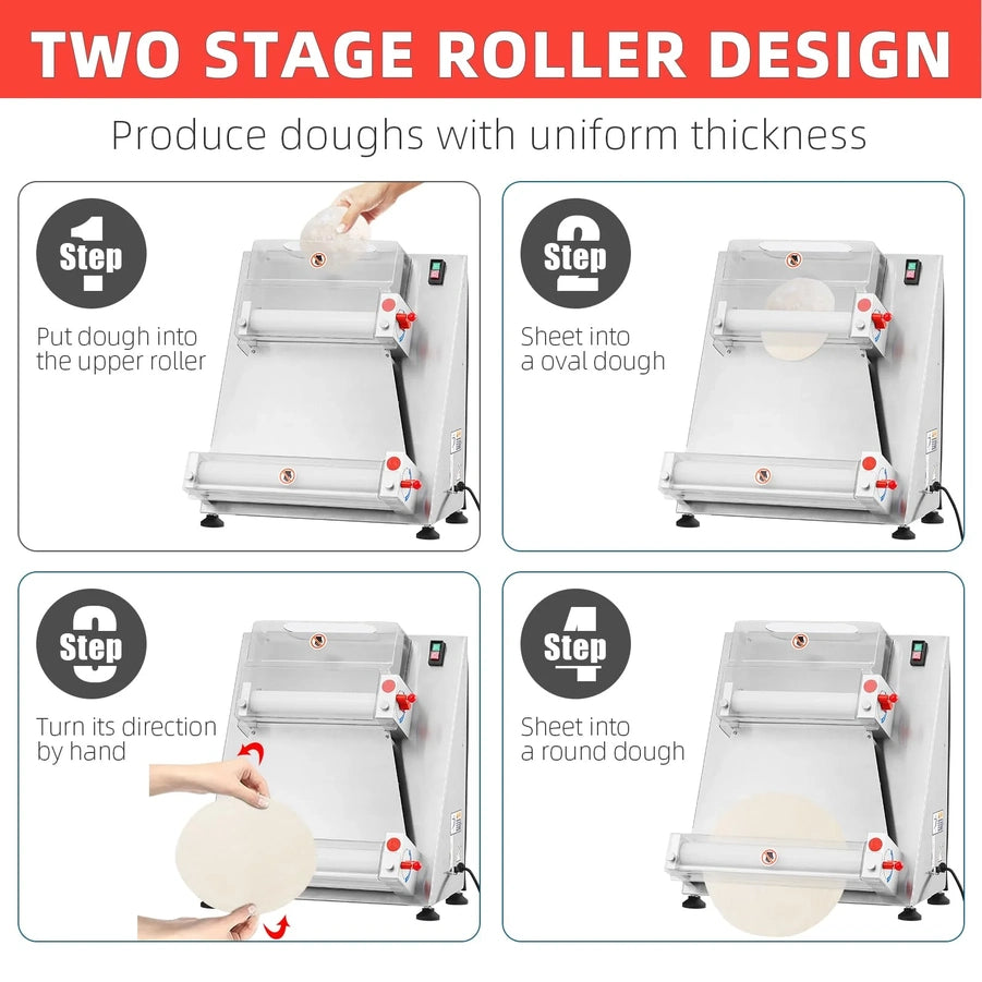 Commercial Pizza Dough Roller Sheeter, Max 16, Automatic 370W Electric Pizza Dough Roller, Stainless Steel, Suitable For Noodle