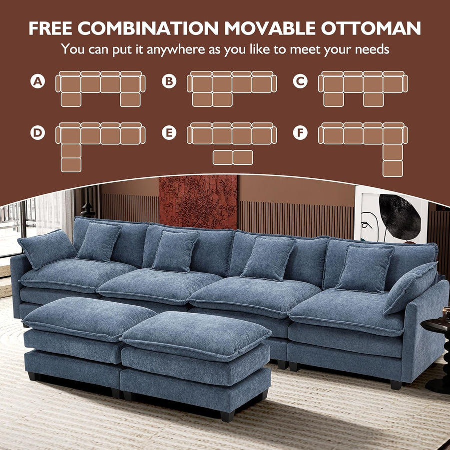 111.4 In. L-Shaped Modern Sofa Modular Cloud Sofa Ottoman 4-Seater Chenille Deep Seat Sofa