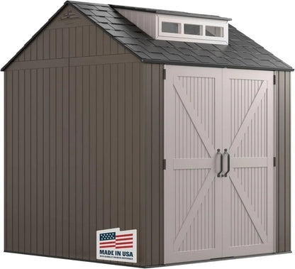 Rubbermaid Resin Outdoor Storage Shed With Floor (7 x 7 Ft) Weather Resistant Gray Organization for Home/Backyard/Garden Tools/Lawn Mower/Bike Storage/Pool Supplies