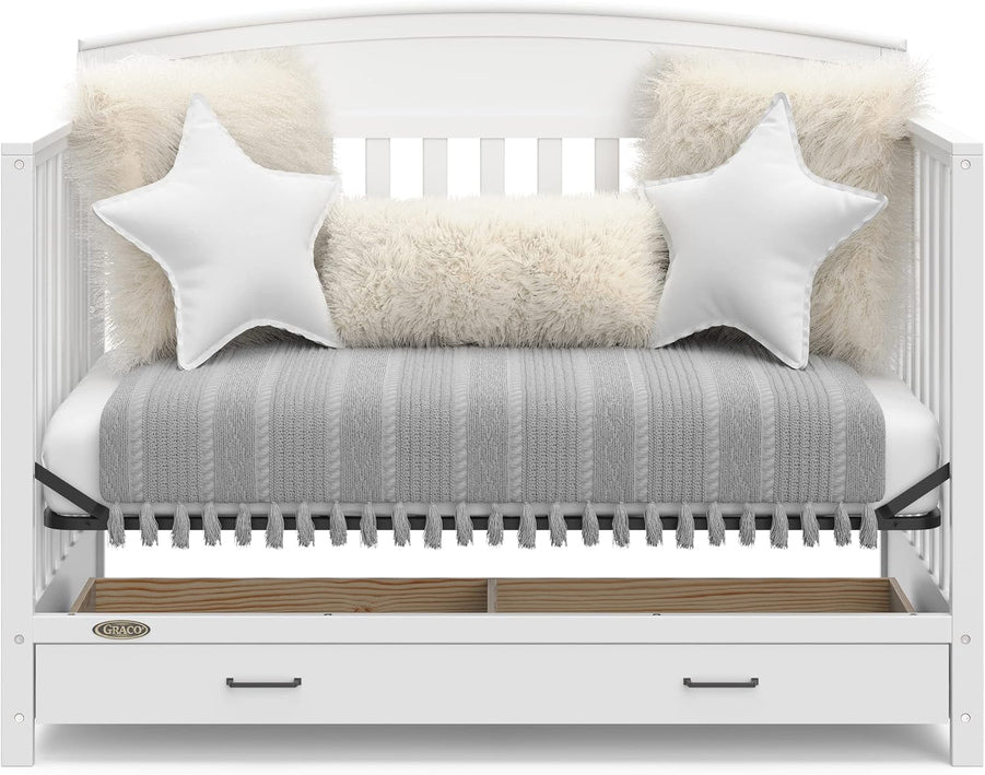 5-in-1 Convertible Baby Bed, With Drawers, White- Green Guardian Gold Certification, Built-In Baby Bed Storage Drawer, Convertible To Toddler Bed