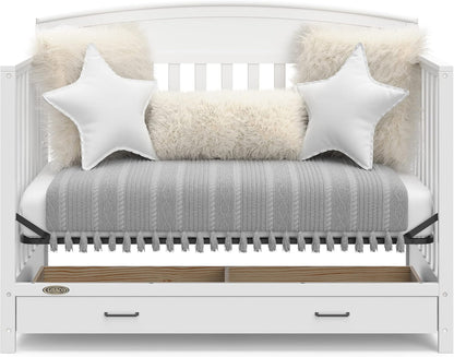 5-in-1 Convertible Baby Bed, With Drawers, White- Green Guardian Gold Certification, Built-In Baby Bed Storage Drawer, Convertible To Toddler Bed