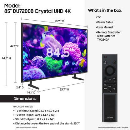 Samsung 85′′ Crystal UHD 4K Smart TV DU7200B with PurColor, HDR, and Tizen OS – 2024 Model
