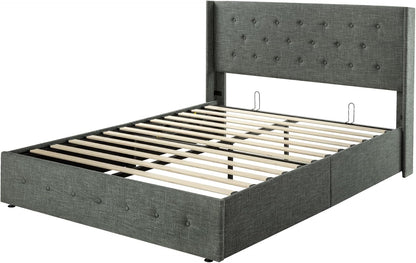 Allewie Queen Size Lift Up Storage Bed, Modern Wingback Headboard, Hydraulic Support, No Box Spring Needed, Light Beige