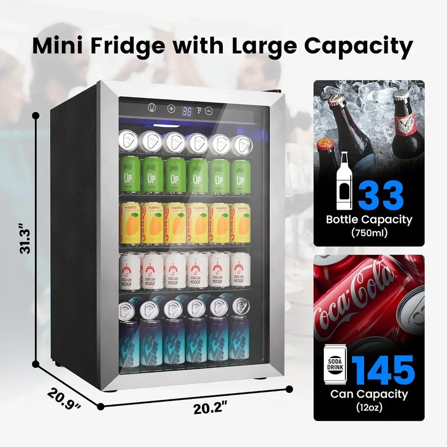 Beverage Refrigerator Cooler 126 Can Mini Fridge Glass Door For Drinks Soda Beer Wine Refrigerator