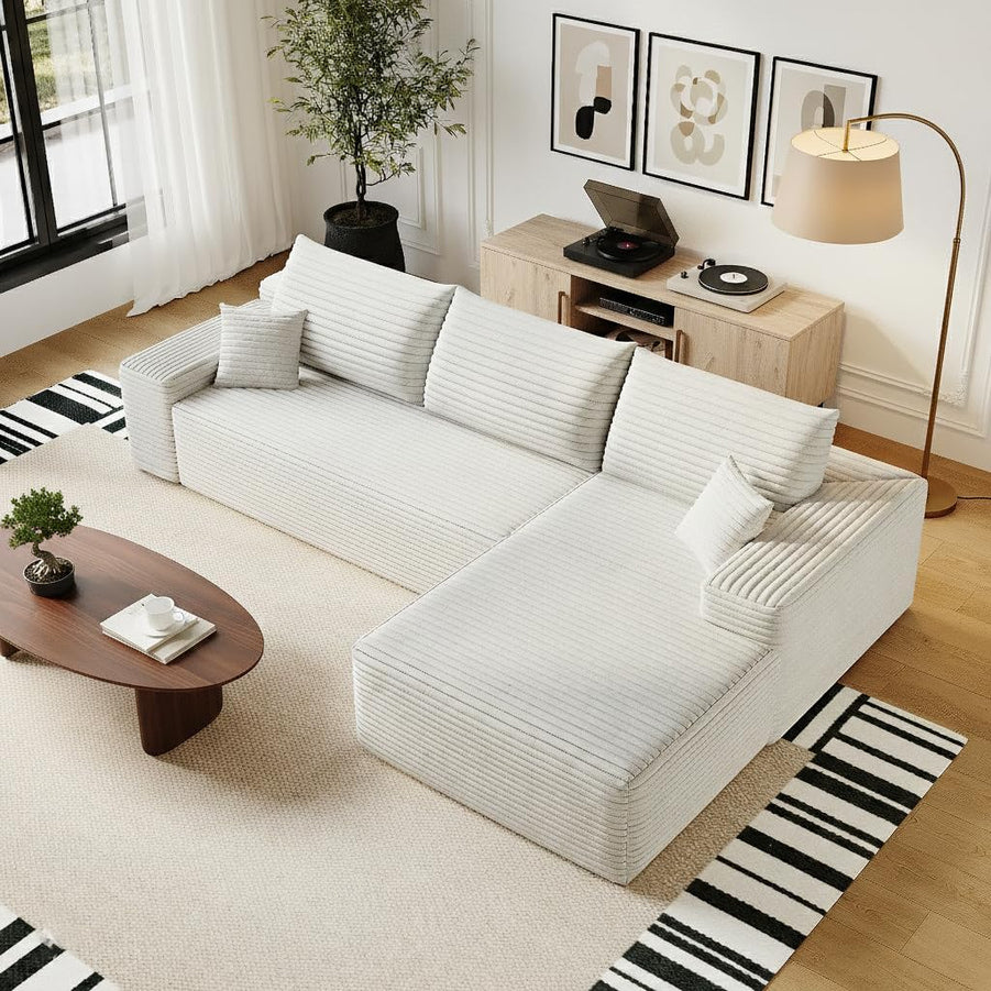 135 In. Oversized Compressed Sectional Sofa- 33D High-Density Foam Cloud Couch With Deep Seat- Minimalist 3-Piece Corduroy Upholstered Boneless