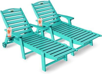 Lounge Chair Outdoor, Chaise Lounge, HDPE 6-Position Outdoor Chaise Lounge, Patio Lounge Chair with Wheels & Cup Holder for Pool Poolside Deck Backyard, Teak