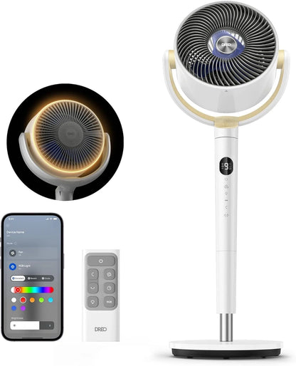 Dreo Smart Fan For Bedroom, 120 Degree Plus 120 Degree Omni-Directional Oscillating Fans, 100 Ft. Quiet Pedestal Fan With Rgb Light, 9 Speeds, 6 Modes, 20dB
