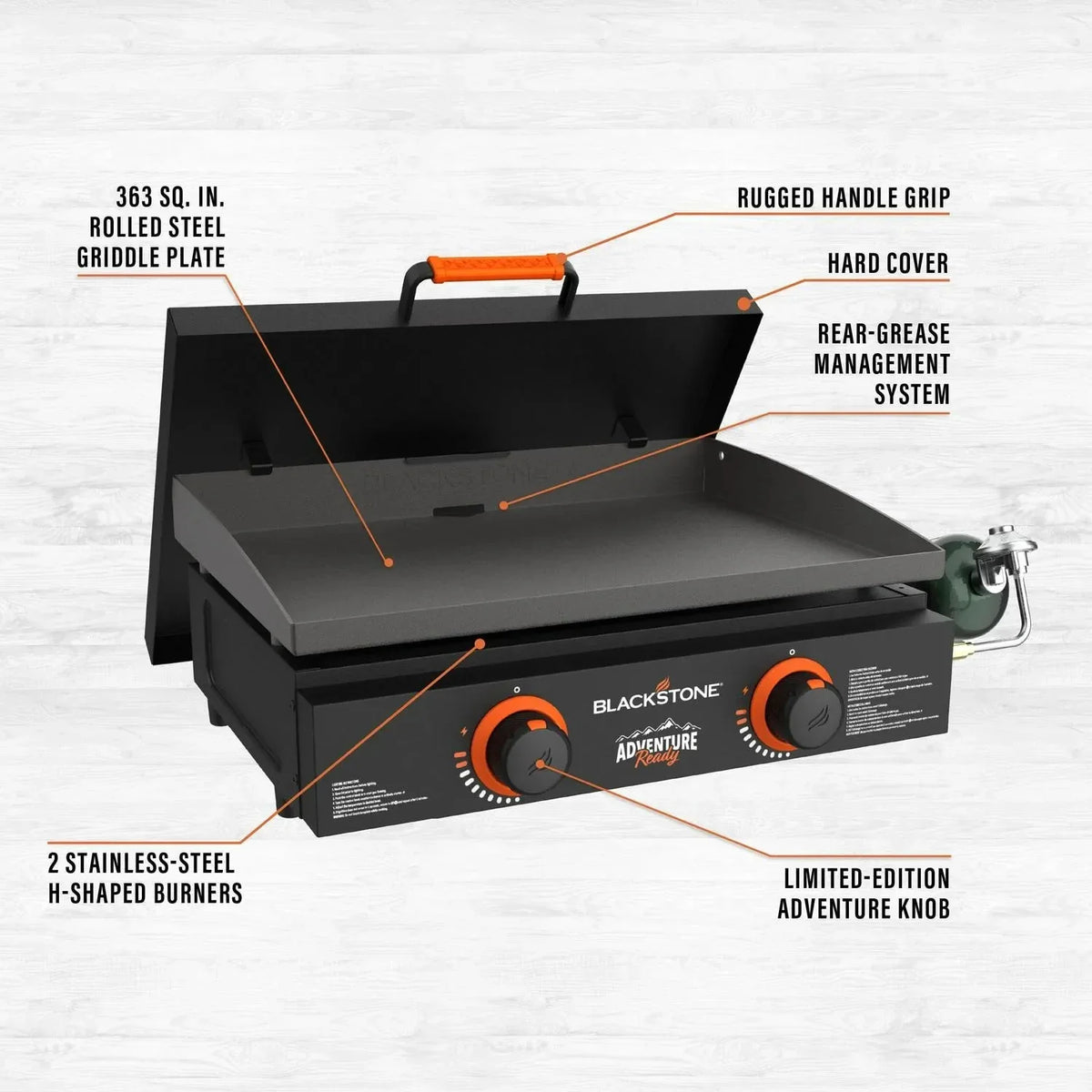 Blackstone Adventure Ready 22′′ Propane Griddle Gift Bundle, Black – Includes Griddle, Hardcover, Carry Bag, 24,000 BTU Burners, Rear Grease System