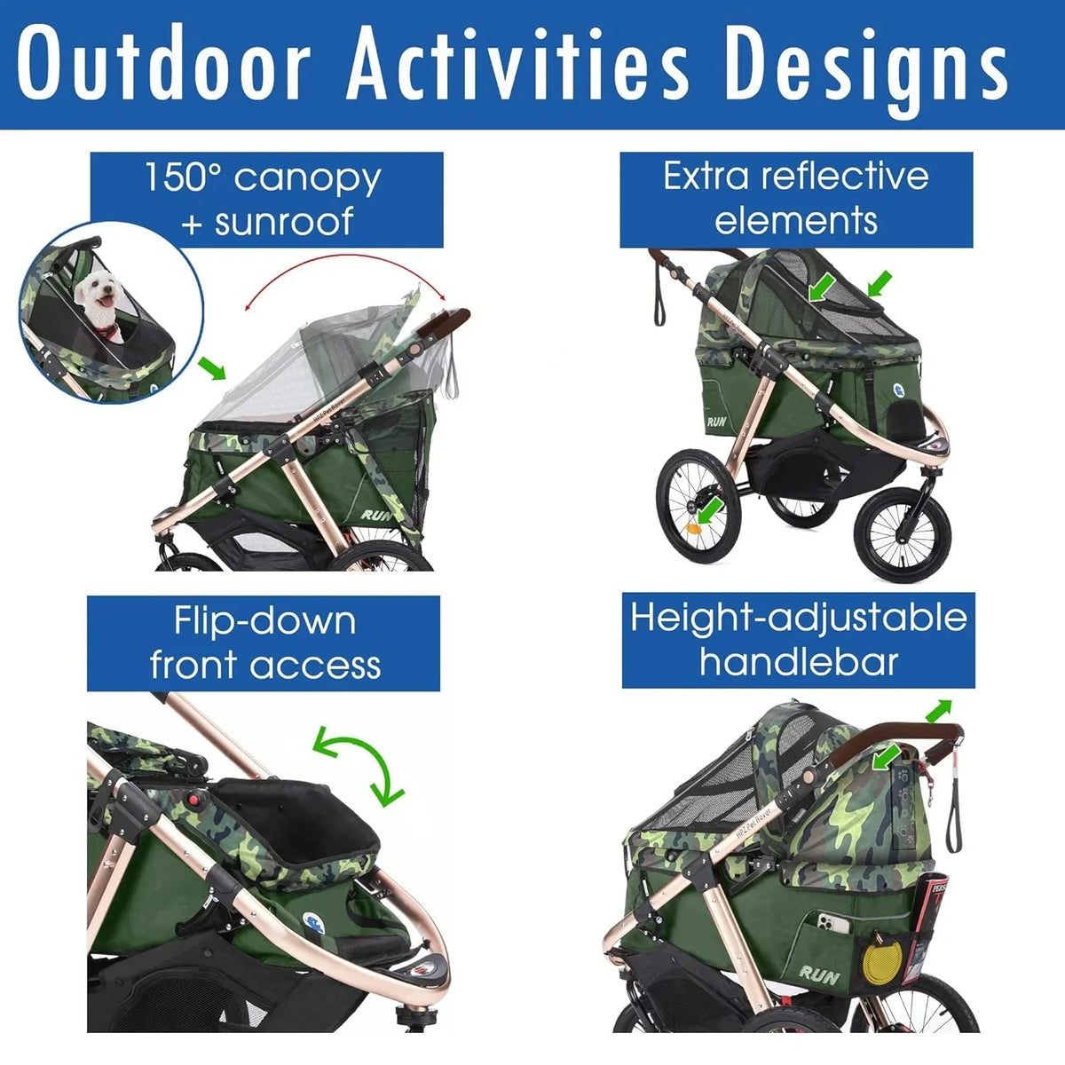 Jogging Sports Stroller with Comfort Rubber Wheels/Zipper-Less Entry/1-Hand Quick Fold/Aluminum Frame for Small/Medium Dogs, Cats and Pets (Green Camo)