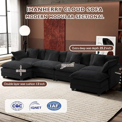 111.4 In. L-Shaped Modern Sofa Modular Cloud Sofa Ottoman 4-Seater Chenille Deep Seat Sofa
