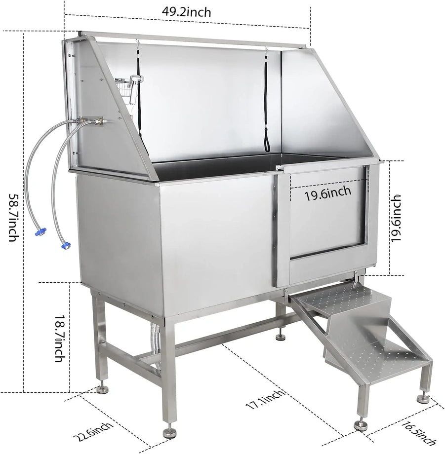 50 In. Dog Wash Bathtub, Pet Wash Station, Professional Stainless Steel Dog Grooming Tub With Ramp, Faucet, Sprayer, Drain Kit, Right Door